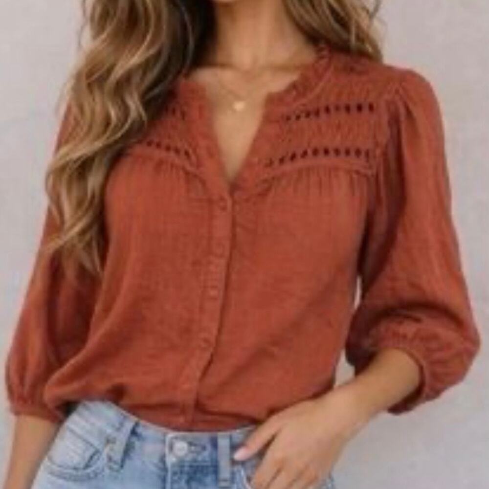 CALYPSO ST. BARTH | NWT Burnt Orange Textured Smocked Button Blouse Top | Large